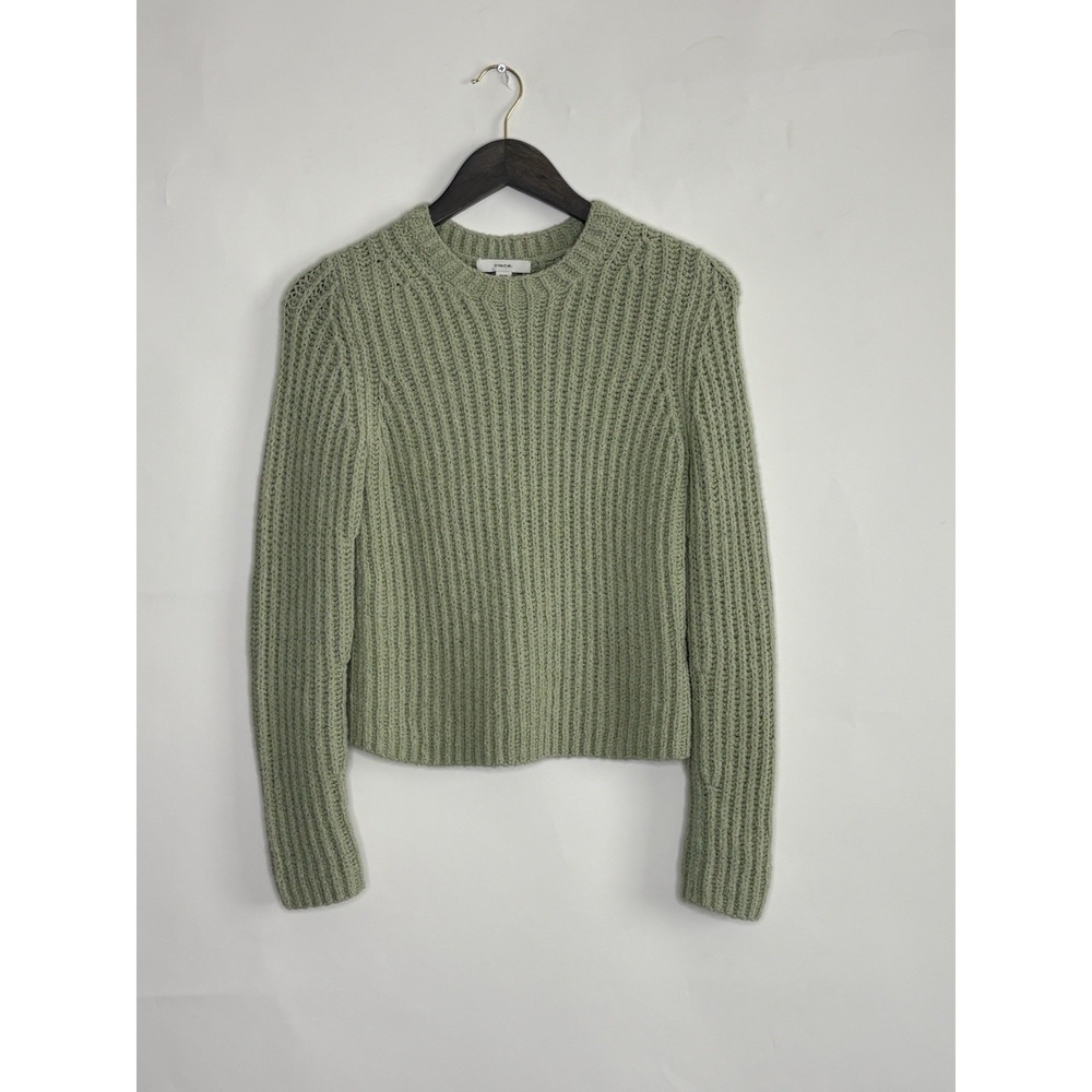 VINCE Crimped Cotton Crew Neck Sweater Women Medium Light Jade Green Long Sleeve